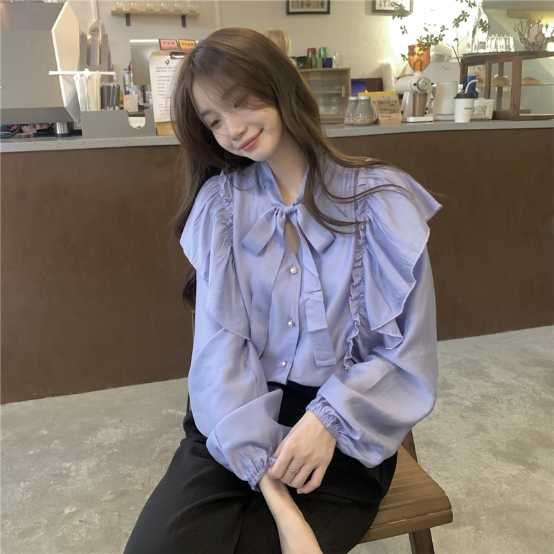 Real price purple V-neck retro chic shirt women's French ruffled design niche long-sleeved top