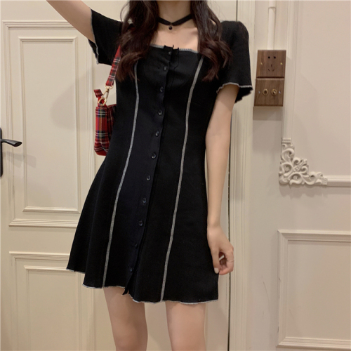 Real shot real price Bi into small black dress ~ careful machine girl group style black cardigan breasted Dress Medium Length