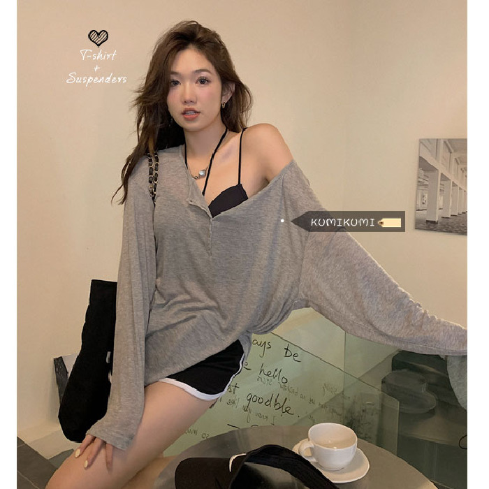 Grey T-shirt women's thin long sleeved sunscreen shirt summer design sense niche loose blouse top