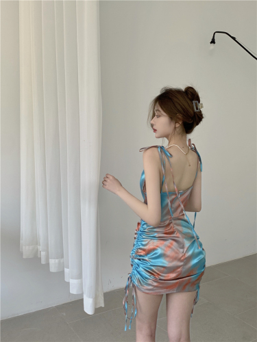 Real price halo dyed waist drawstring open back suspender dress