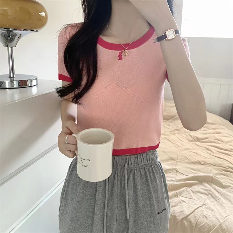 2023 summer knitted sweater round neck small fragrant style embroidery short t-shirt women's solid color short-sleeved