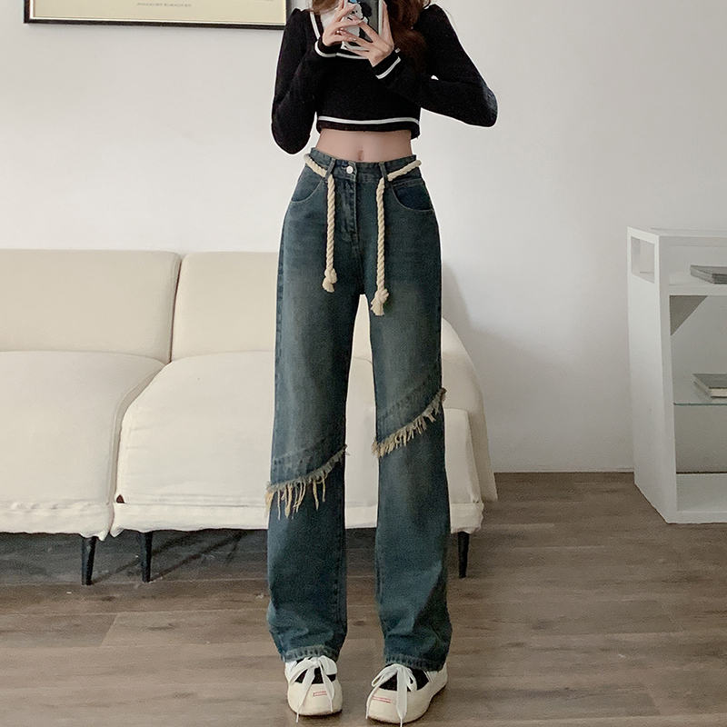 Real shot High waist straight wide leg stitching jeans women's autumn and winter new retro design floor mopping trousers