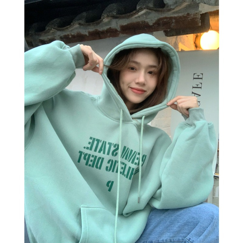 Plus size plus velvet printed sweater women's American retro autumn and winter loose hooded top