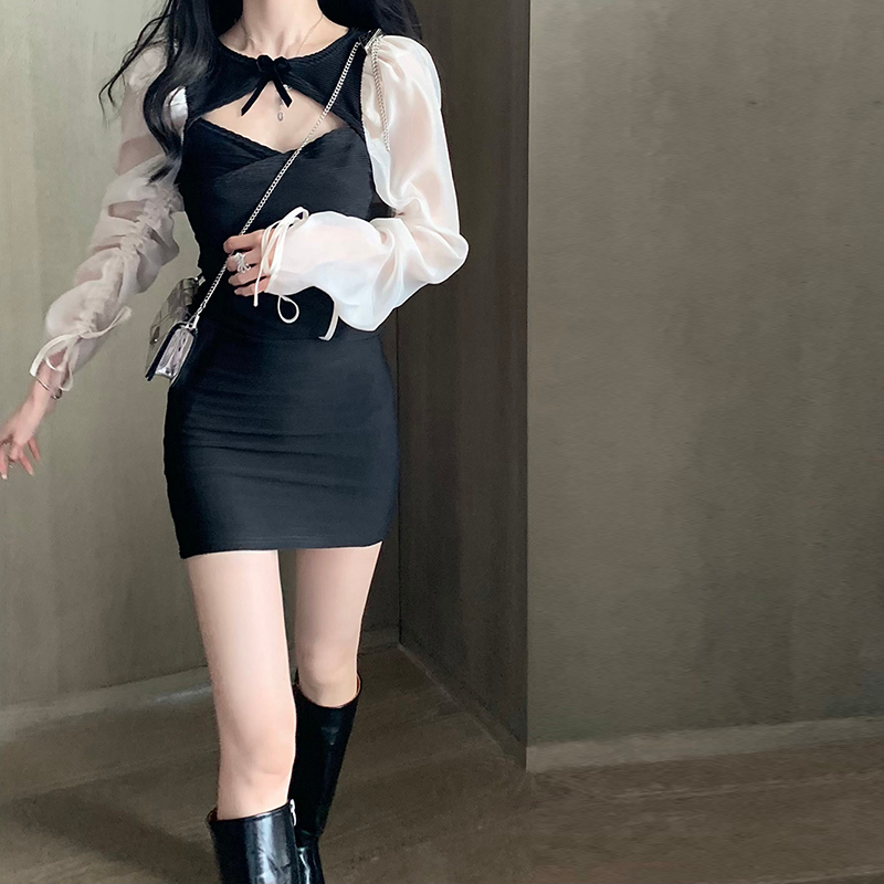 French style sexy hollow out bag hip dress women's chiffon autumn new slimming slim temperament chic little black dress