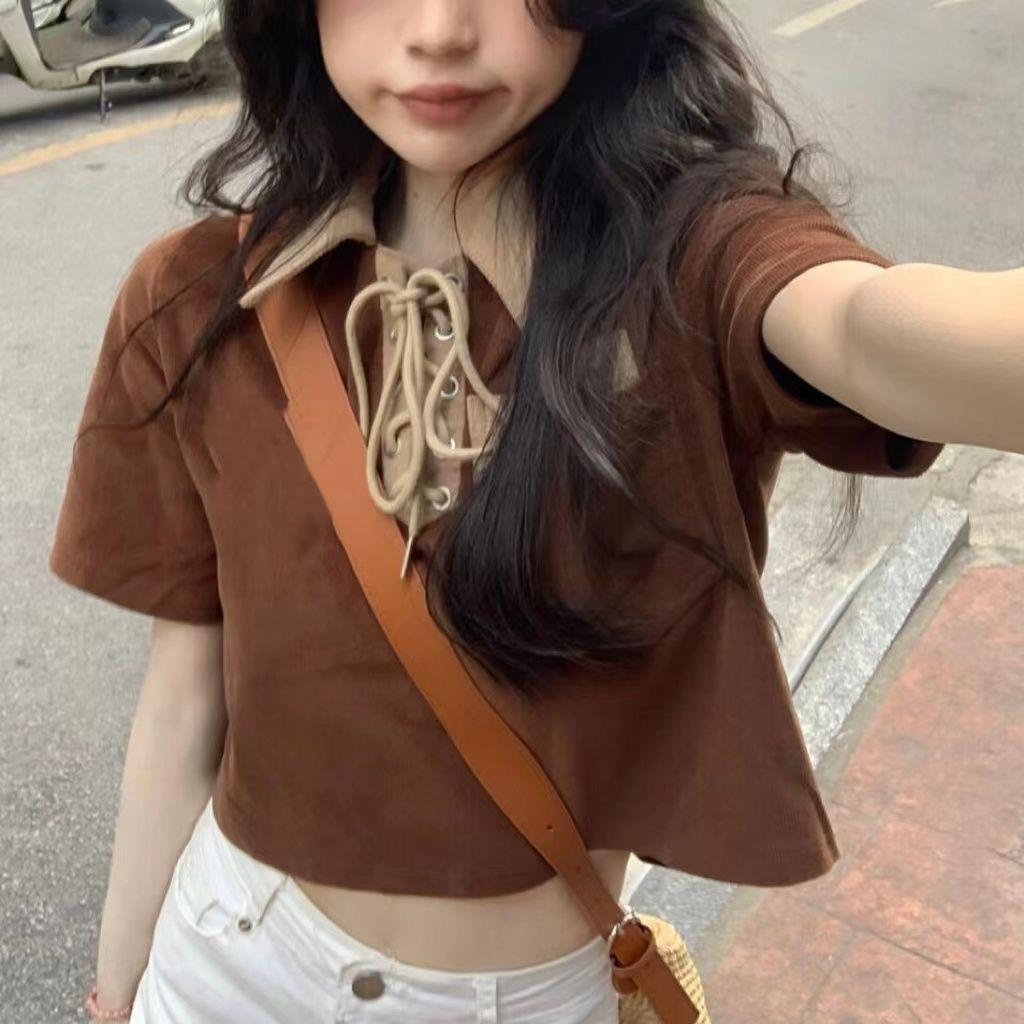 65% pull frame cotton short-sleeved T-shirt women's Hong Kong style retro tie hot girl INS super hot student navel top trend