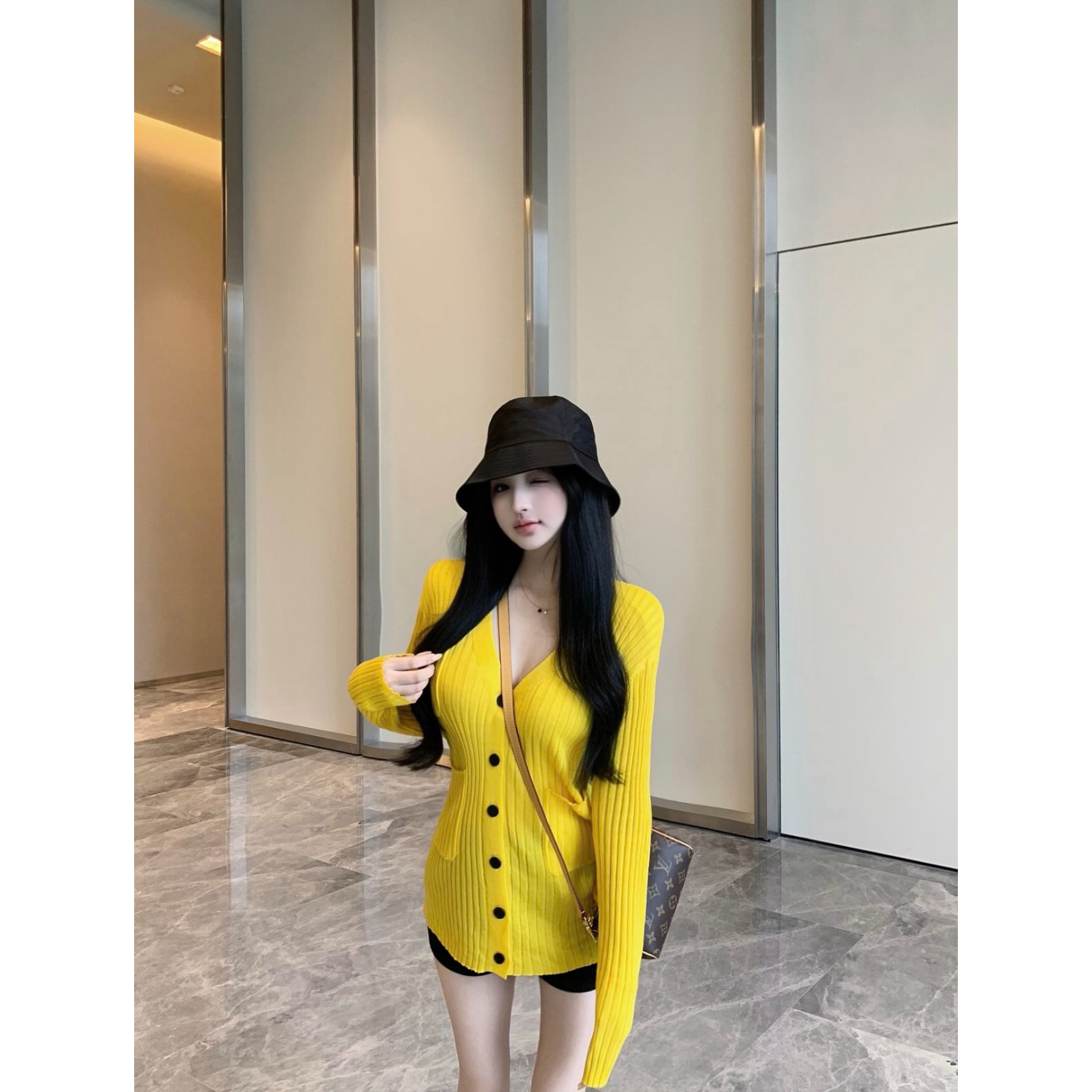 Photographed versatile yellow V-neck knit sweater loose simple long-sleeved outerwear top for women