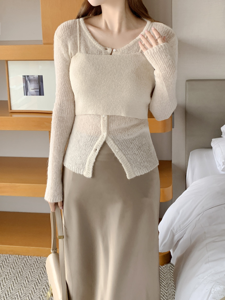 Korean chic autumn new round neck button-down simple knit sweater + slip dress knit set