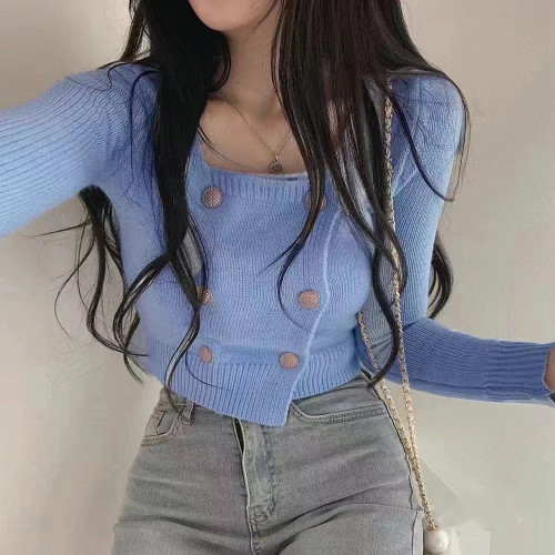 Retro chic autumn French niche design double-breasted square collar cropped navel short sweater sweater top women