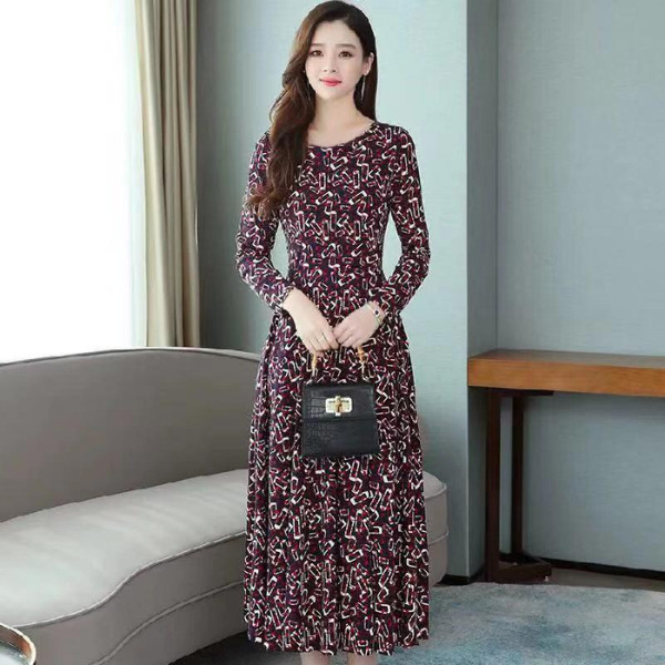 Long sleeve floral dress women's early autumn new mid long style high end long skirt