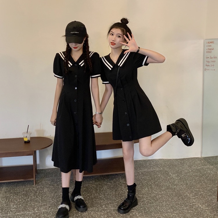 Retro Puff Sleeve Little Black Dress Large Size Navy Collar Dress Fat mm Waist Slim A-line Skirt M-4XL200 catties