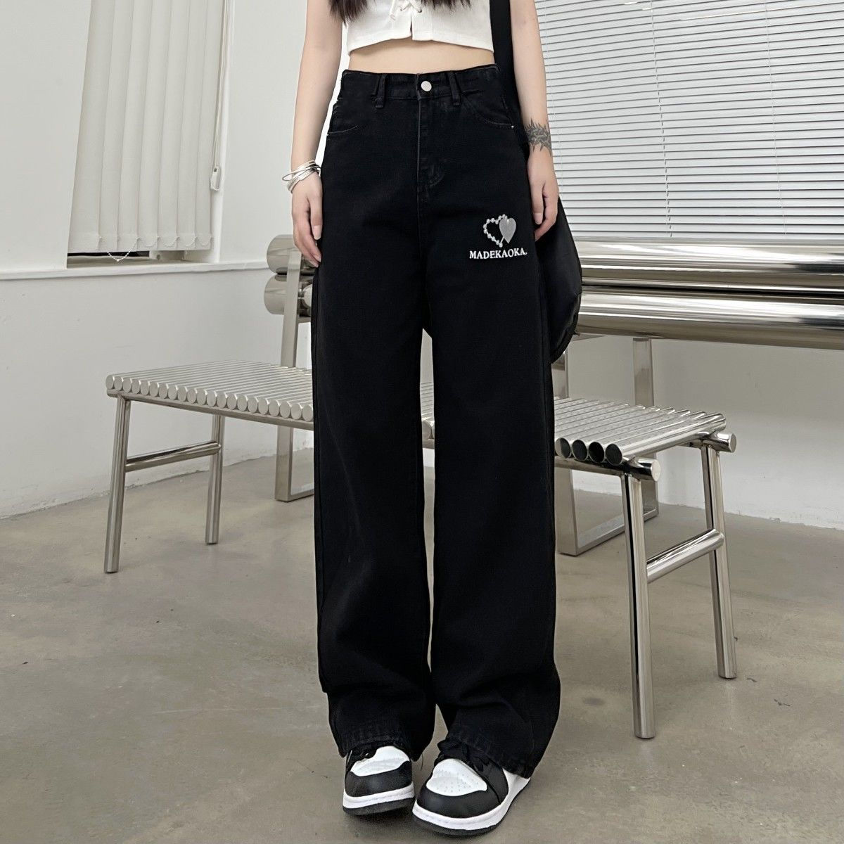 Harajuku style high street retro print loose straight wide leg jeans for men and women ins tide cool spring and autumn temperament