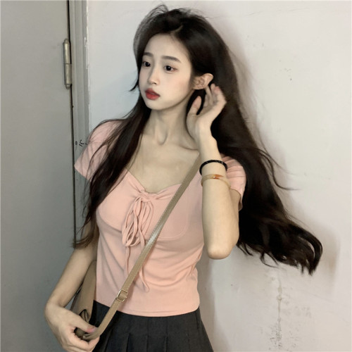 Real shot real price~Pure desire style square collar short-sleeved niche summer design hot girl T-shirt short slim fit and thin top