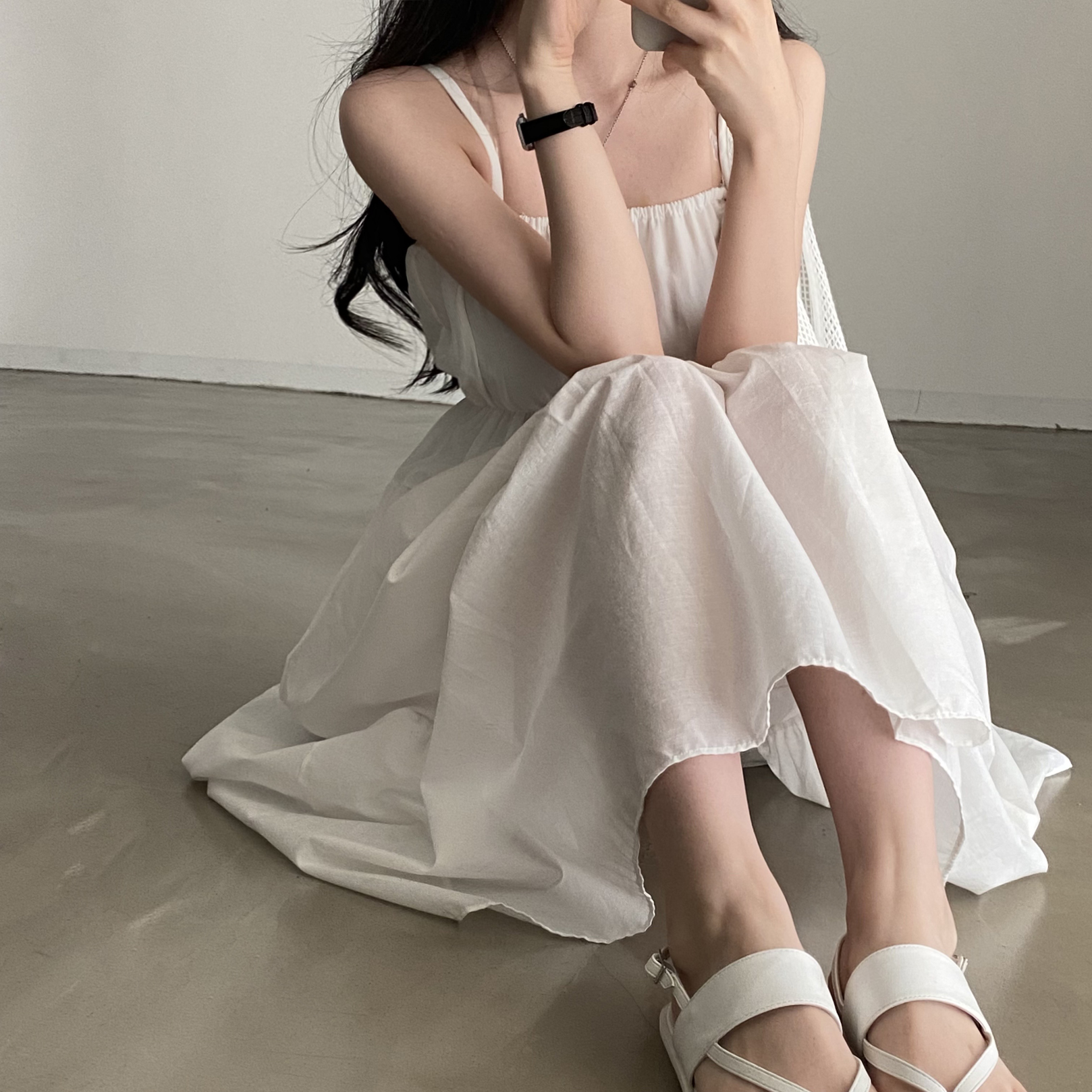 Korean chic summer minimalist design cool and comfortable daily vacation suspender dress Ops