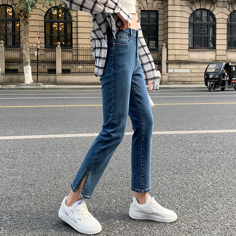 Real time split high waist elastic jeans women's spring 2022 new loose straight pipe pants