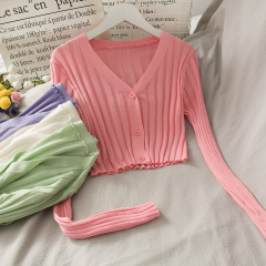 Korean Short slim three grain button solid color sweater top women's summer vertical stripe long sleeve cardigan sweater