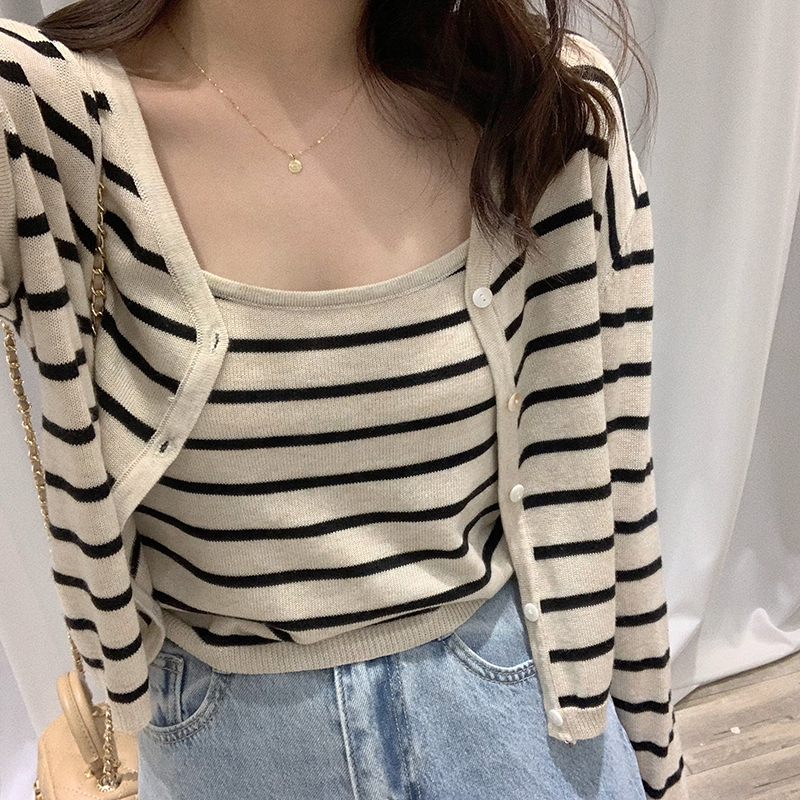 Juxian thin striped knitted cardigan camisole two-piece women's 2022 new all-match classic top