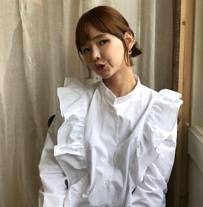 Korea dongdamen Chaoxian palace retro Princess fan pleated fungus edge long sleeved shirt female doll shirt spring