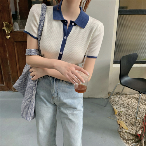 Polo neck ice silk short sleeve knitted cardigan women's  new summer short small fragrance thin grey top