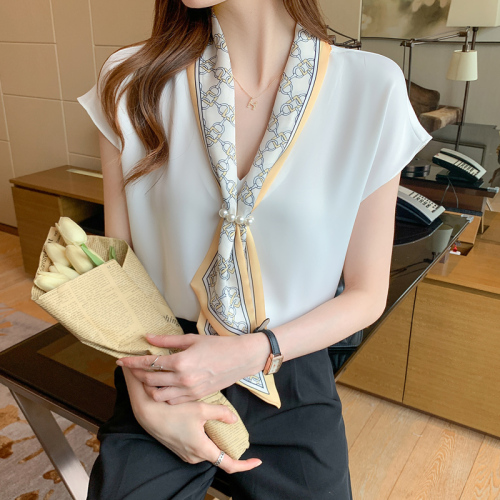 White Tie Shirt women's summer and Korean version sweet short sleeve Tie Shirt loose Satin small shirt shoulder width narrow top