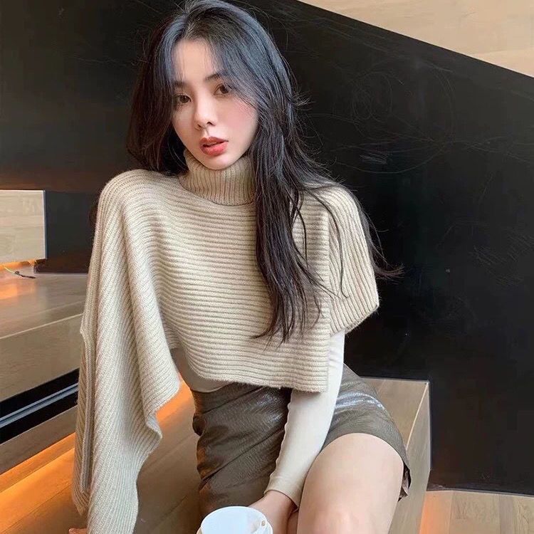 High neck irregular Pullover Sweater cloak shawl female autumn and winter outer tower black cloak wool knitted scarf Bib