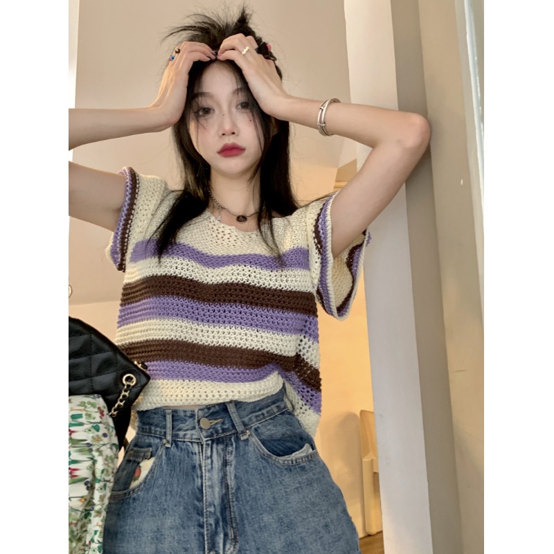 Striped short sleeve T-shirt women's summer thin hollow out French soft wind sweet and spicy design sense niche short top