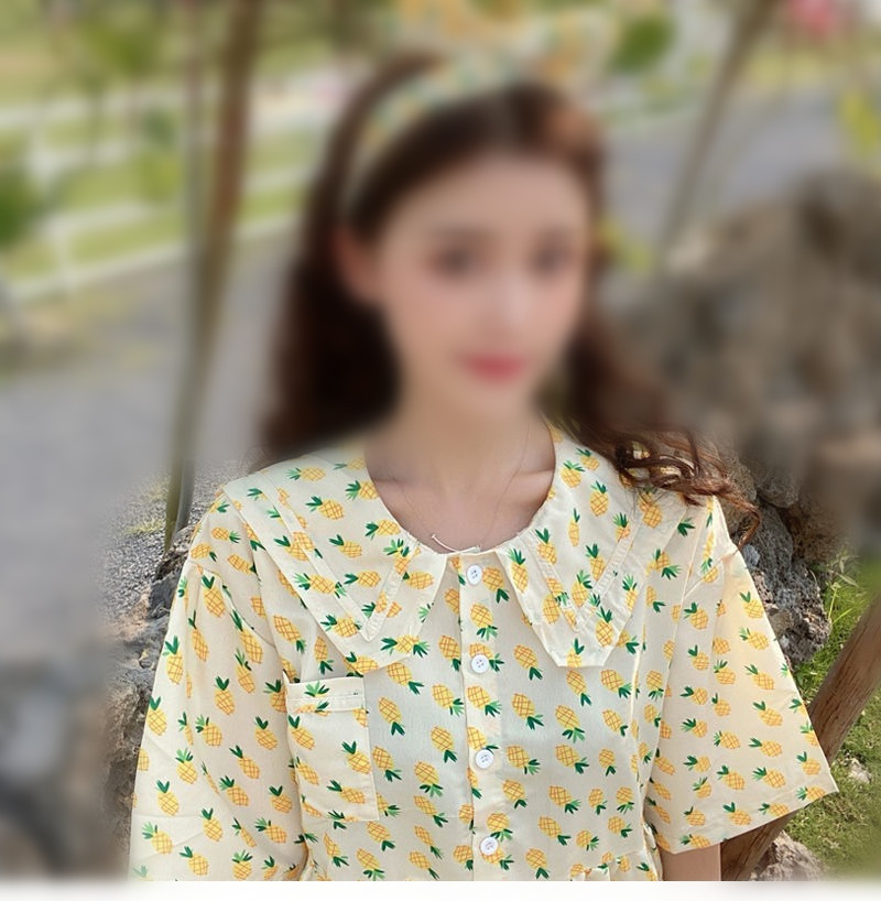 2022 summer new ins Korean version simple pineapple Navy collar slim student sweet lovely dress