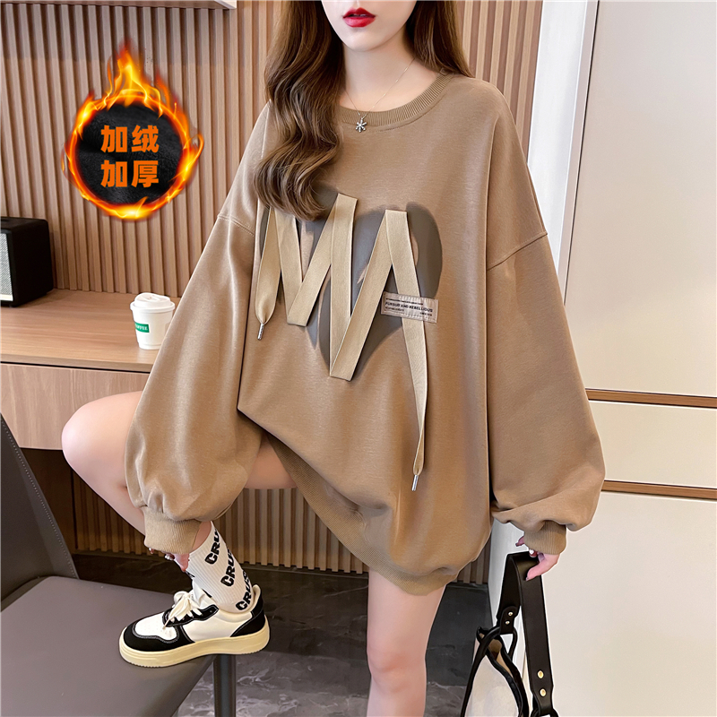 Real shot winter Korean version loose stitching hooded medium and long plus size women's clothing plus velvet thick sweater women