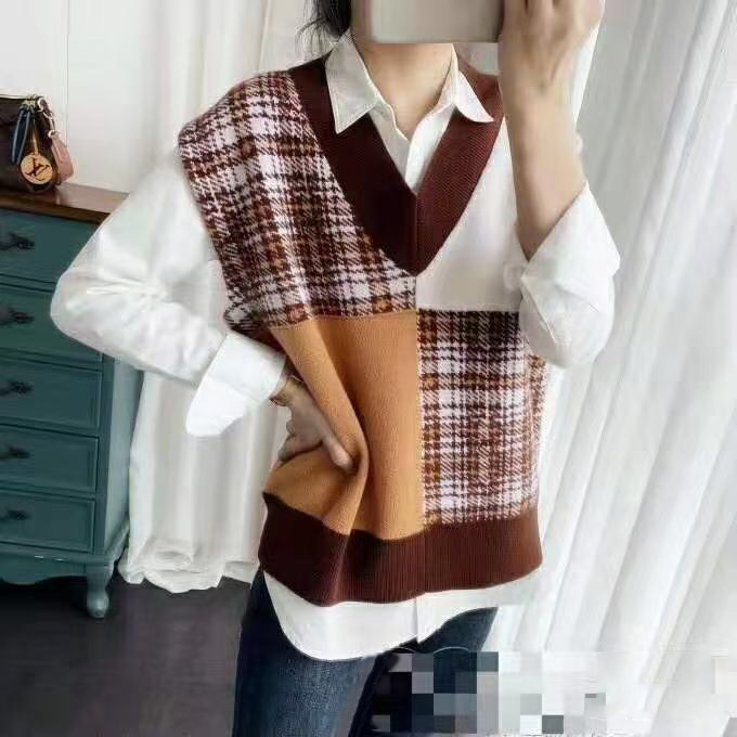 Japanese retro thousand bird check V-neck knitted vest women wear new spring and autumn loose sleeveless waistcoat Sweater Vest