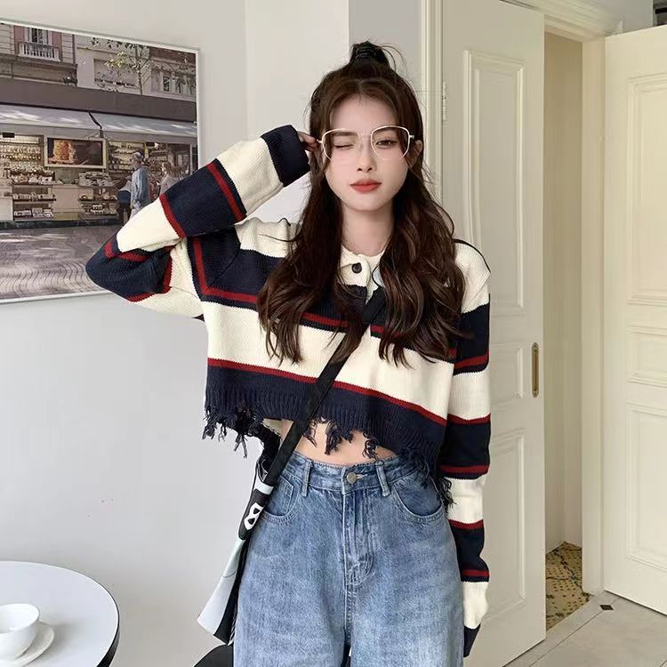American retro contrast color striped hole short sweater women's polo collar long-sleeved sweater
