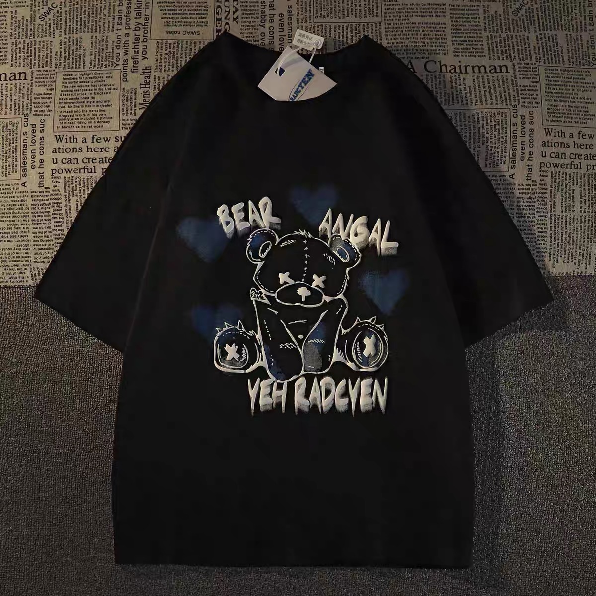 European and American street retro love bear short sleeve T-shirt women's loose fashion ins couple student top