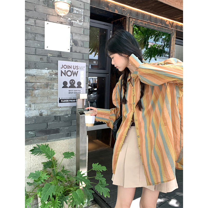 Contrast color striped long-sleeved shirt jacket autumn 2022 new fashion loose mid-length top women's clothing