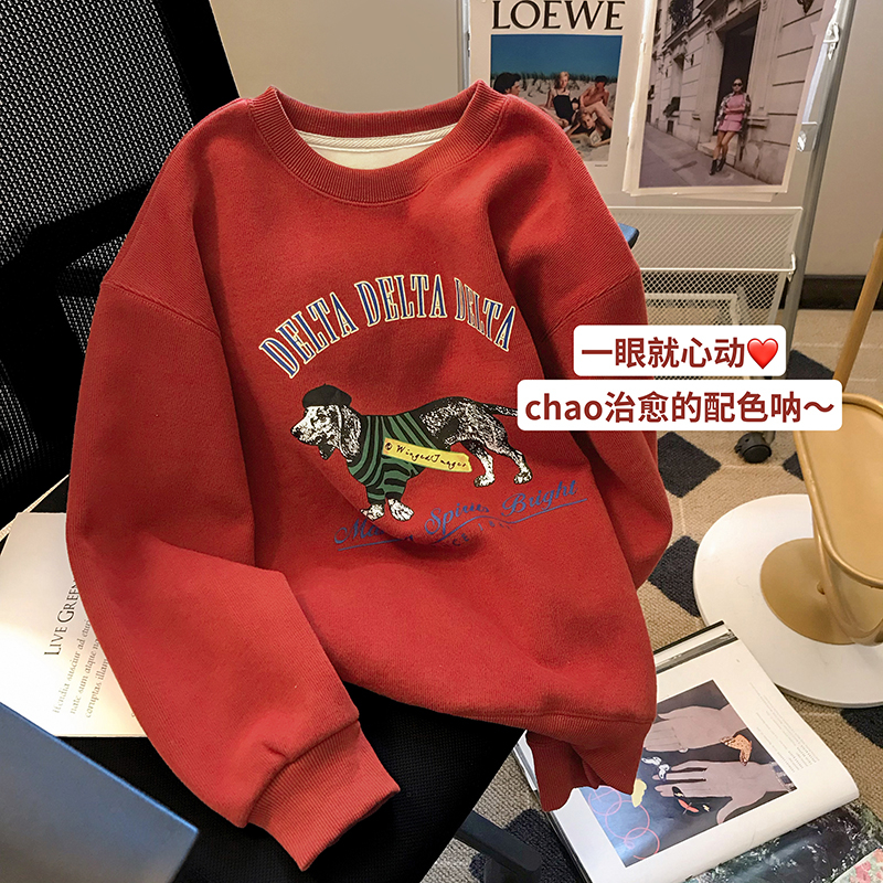 310g imitation cotton interwoven fabric can't pill, winter thickened and fleece sweater women's round neck print, back bag strip