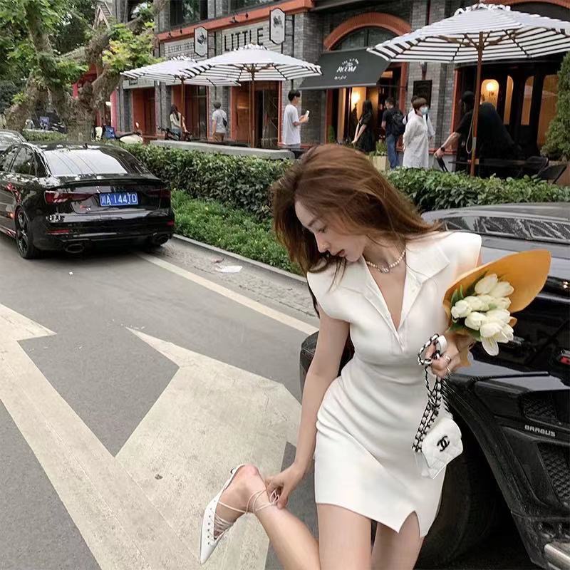 Simple and elegant summer new pure color high elastic knitted sleeveless split dress