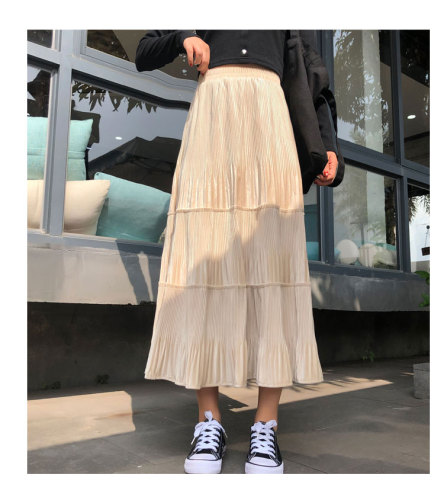 Plush splicing skirt autumn winter women's 2019 new medium length A-line skirt high waist retro pleated skirt