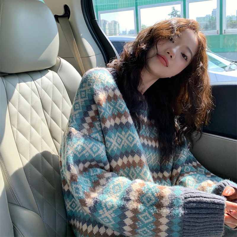 Green diamond check sweater for women in autumn and winter 2021 new style spring and autumn wear high-grade loose and lazy Knitted Top