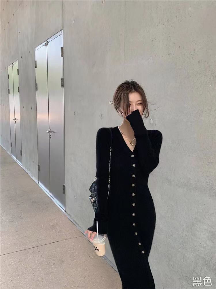 Single breasted V-neck split knit dress children's 2021 new waist closing slim dress