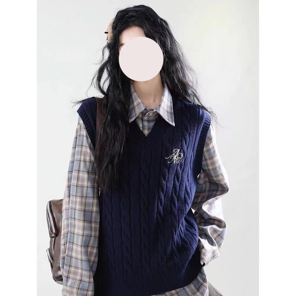 WESTAYONE 24/SS New Academic Style Navy Knit V-Neck Cardigan Spring Loose Vest Top