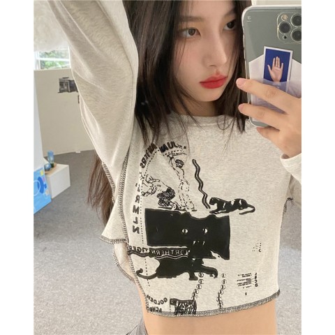 Official picture 6535 stretch cotton pure sexy hot girl slim fit irregular printed long-sleeved T-shirt 2023 new style