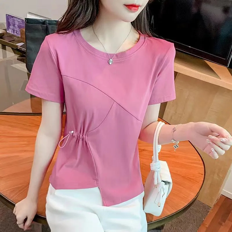 Cotton design feeling waist pleated thin short sleeve T-shirt women's 2022 summer new versatile round neck top