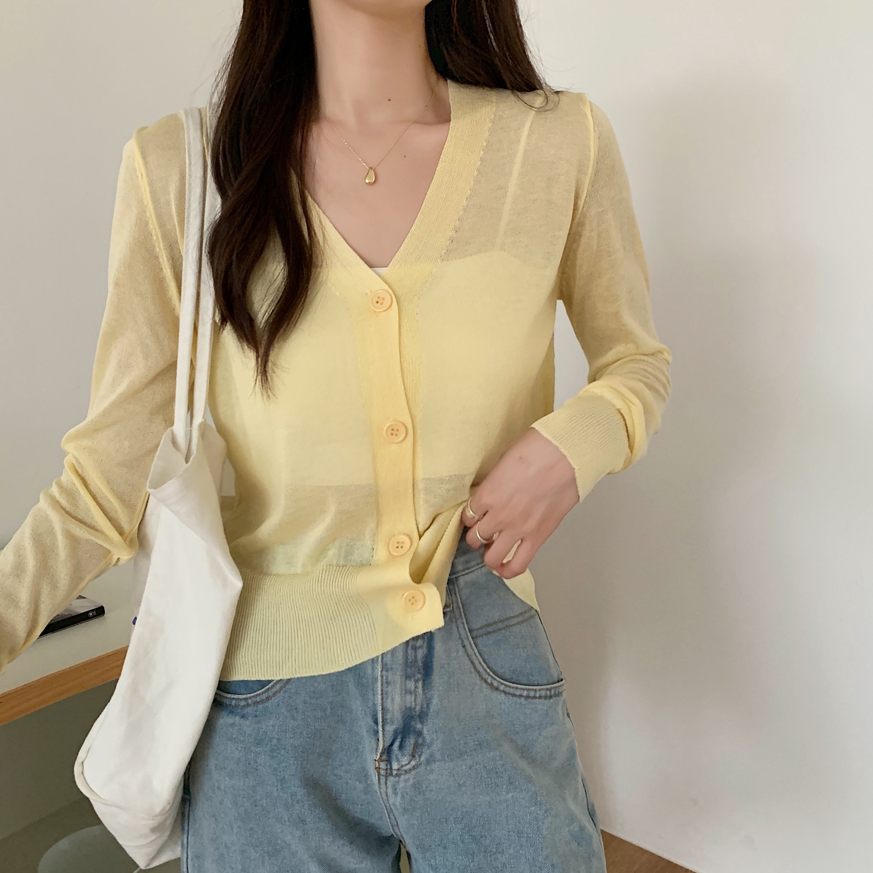 Real shot -v-neck thin knitted cardigan top women's summer soft sweet loose short sleeved sunscreen coat
