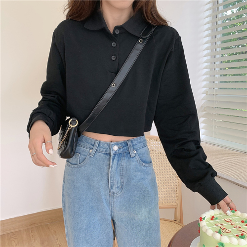 2020 new style sweater women's Korean Short style college polo collar versatile long sleeve navel exposed thin