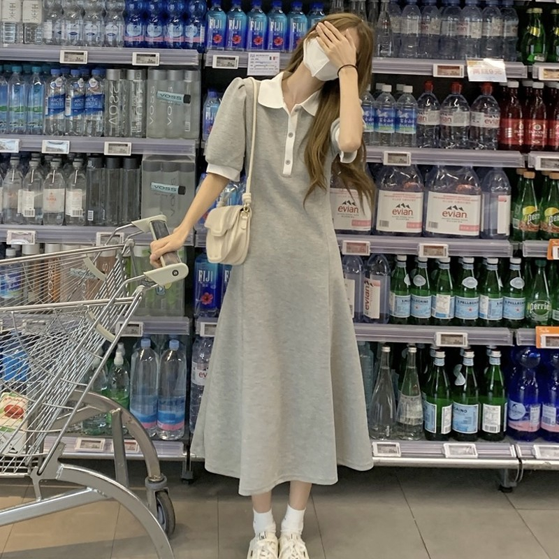 Polo collar color matching dress summer mid length waist slim short sleeve A-line skirt