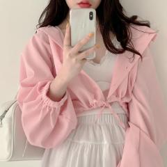 ~Peach Pink Zhizhi ~ hooded short solid color sunscreen coat