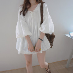 New Retro court style design Lantern Sleeve medium length loose and slightly transparent short sleeve fairy Shirt Top