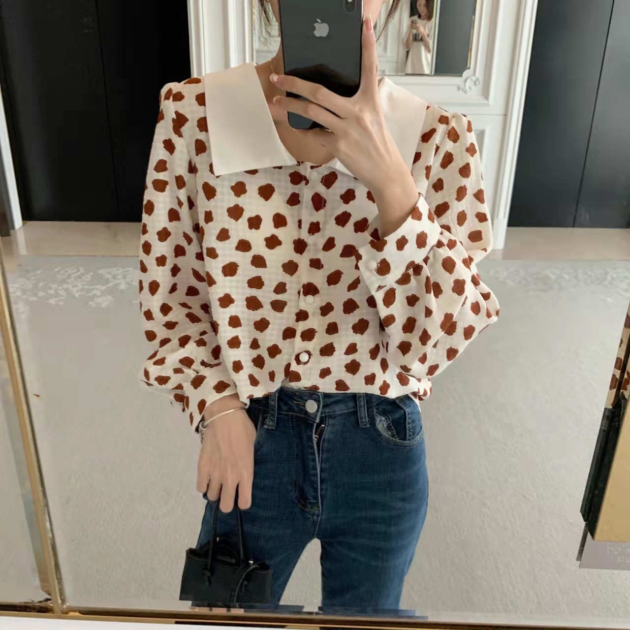 Spring new shirt Korean style contrast color large lapel design feeling versatile long sleeve blouse
