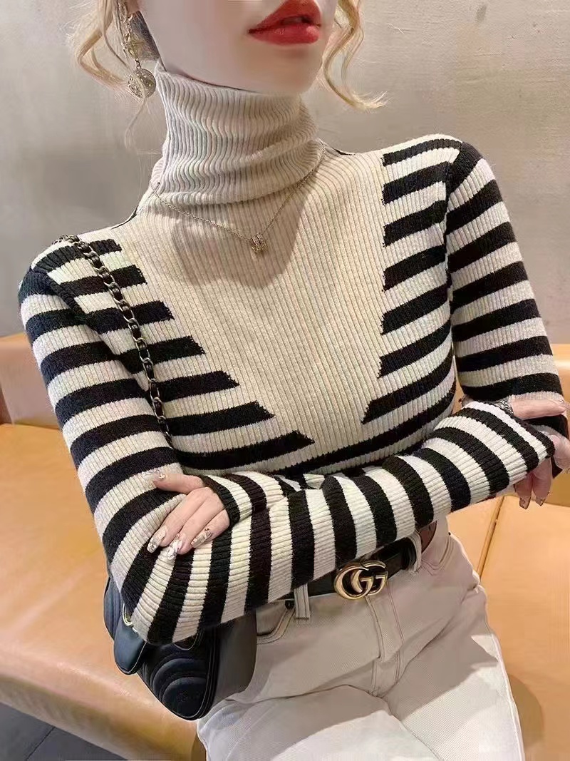2022 new slim -neck -colored striped sweater, women's long -sleeved colors, coat top shirt with bottom shirt