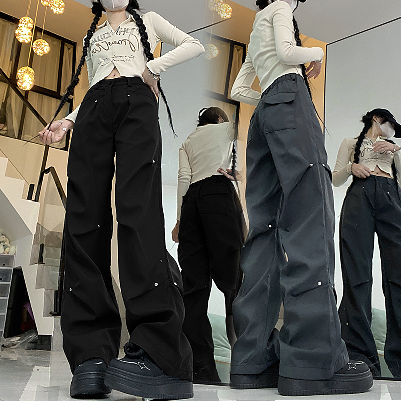 Real shot American wide-leg rivet casual pants women's trendy spring and autumn straight overalls design pants