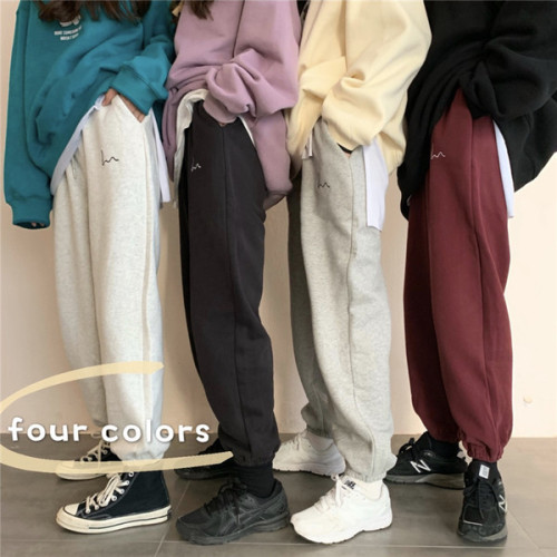 Casual pants women's autumn and winter Korean version ins high street Plush legged sports pants loose BF high waist straight pants fashion