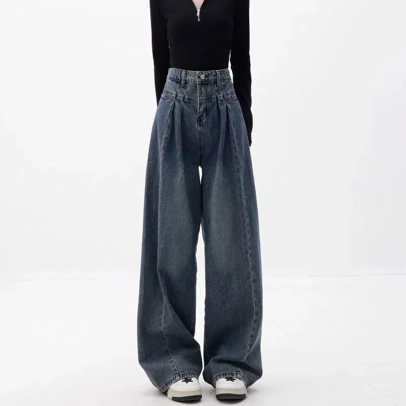 Denim wide-leg pants women's autumn looks thin thick legs cover the meat high waist loose ins foreign style drape washed old pants