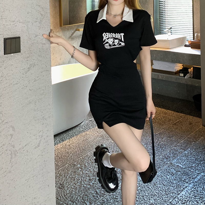 Guantu Hanger Cotton Sweet and Spicy Pure Lust Style Black Open Waist Dress with Waist Tight and Spicy Girl
